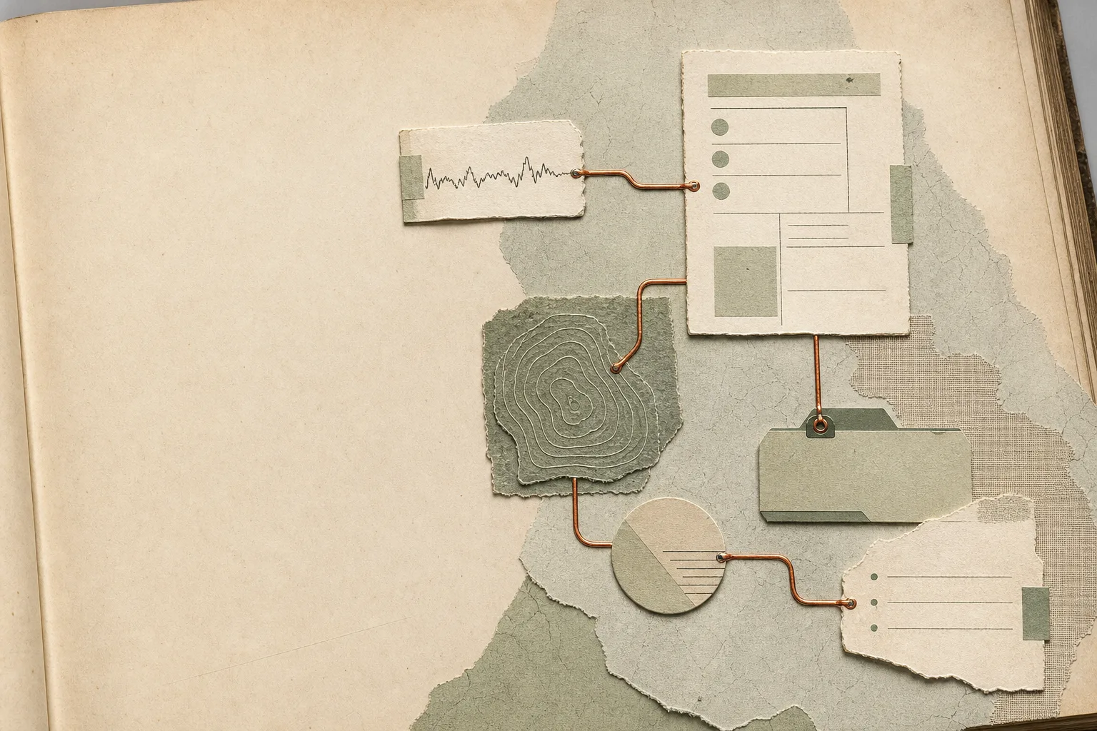 An open atlas folio connected by a copper route through health and life observations