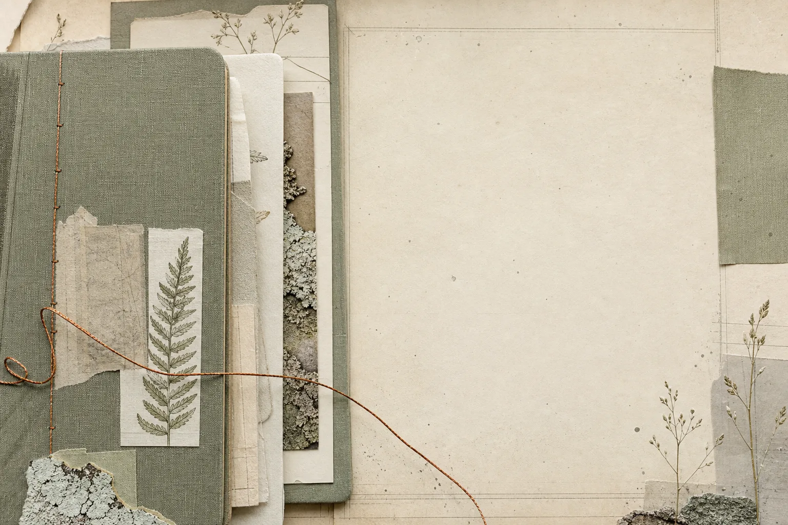 An open field-notes folio with margin rules and a continuous copper thread