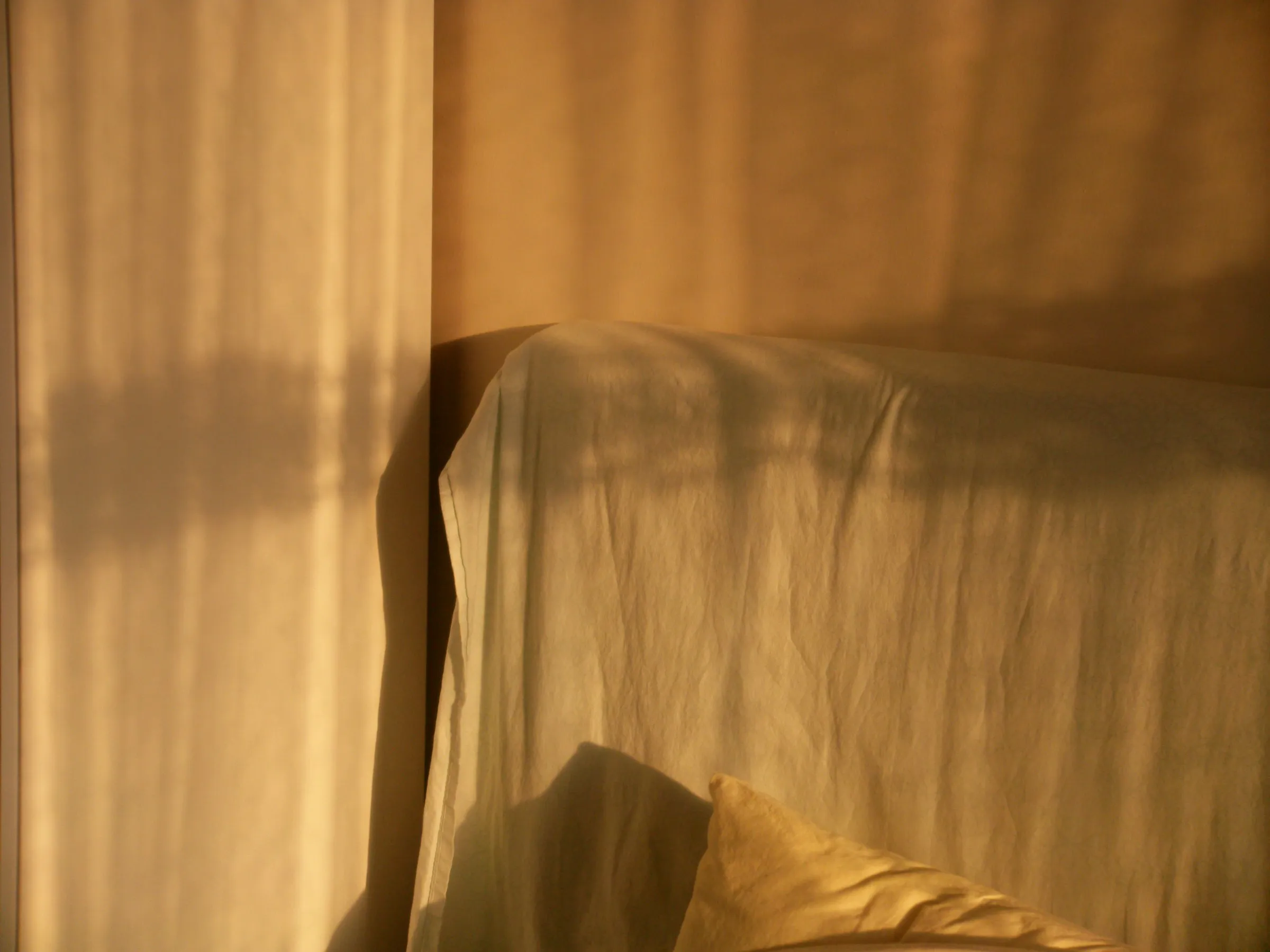 Low morning sunlight falling across a pillow and a pale sheet on an empty bed