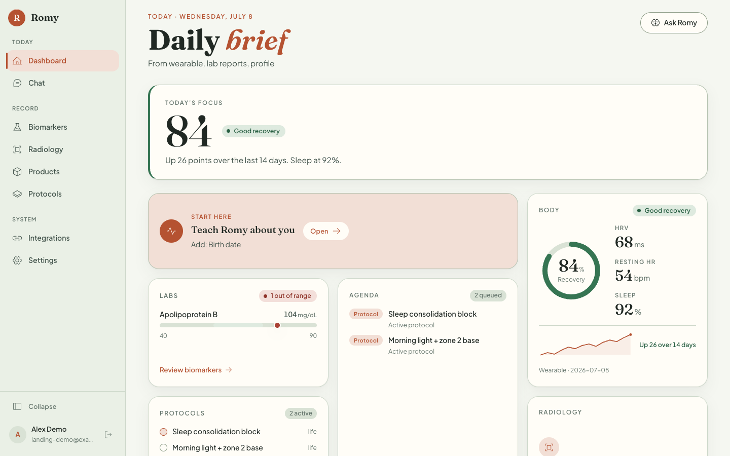 The Romy dashboard showing a daily recovery score, body metrics, flagged lab results, and active protocols